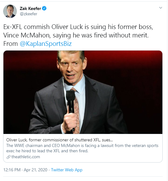 Former XFL Commissioner Oliver Luck Sues Vince McMahon For Wrongful Termination Former XFL Commissioner Oliver Luck Sues Vince McMahon For Wrongful Termination