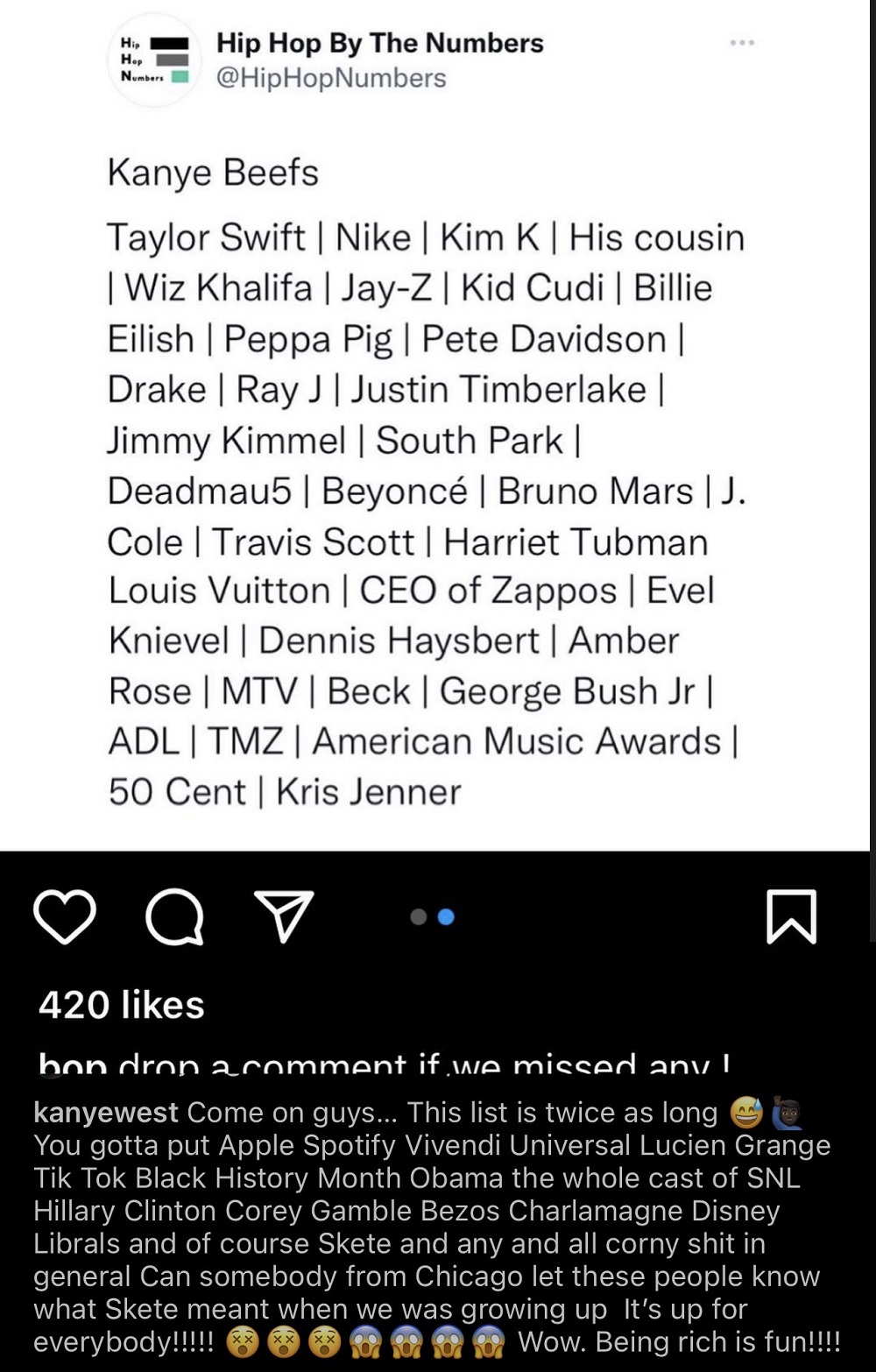 A Kanye West Beef List on Social Media Includes Pegga Pig, Harriet Tubman, South Park and Other Odd Targets