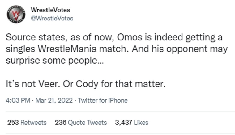 Omos vs. Bobby Lashley Expected for WrestleMania 38 Omos vs. Bobby Lashley at WrestleMania 38